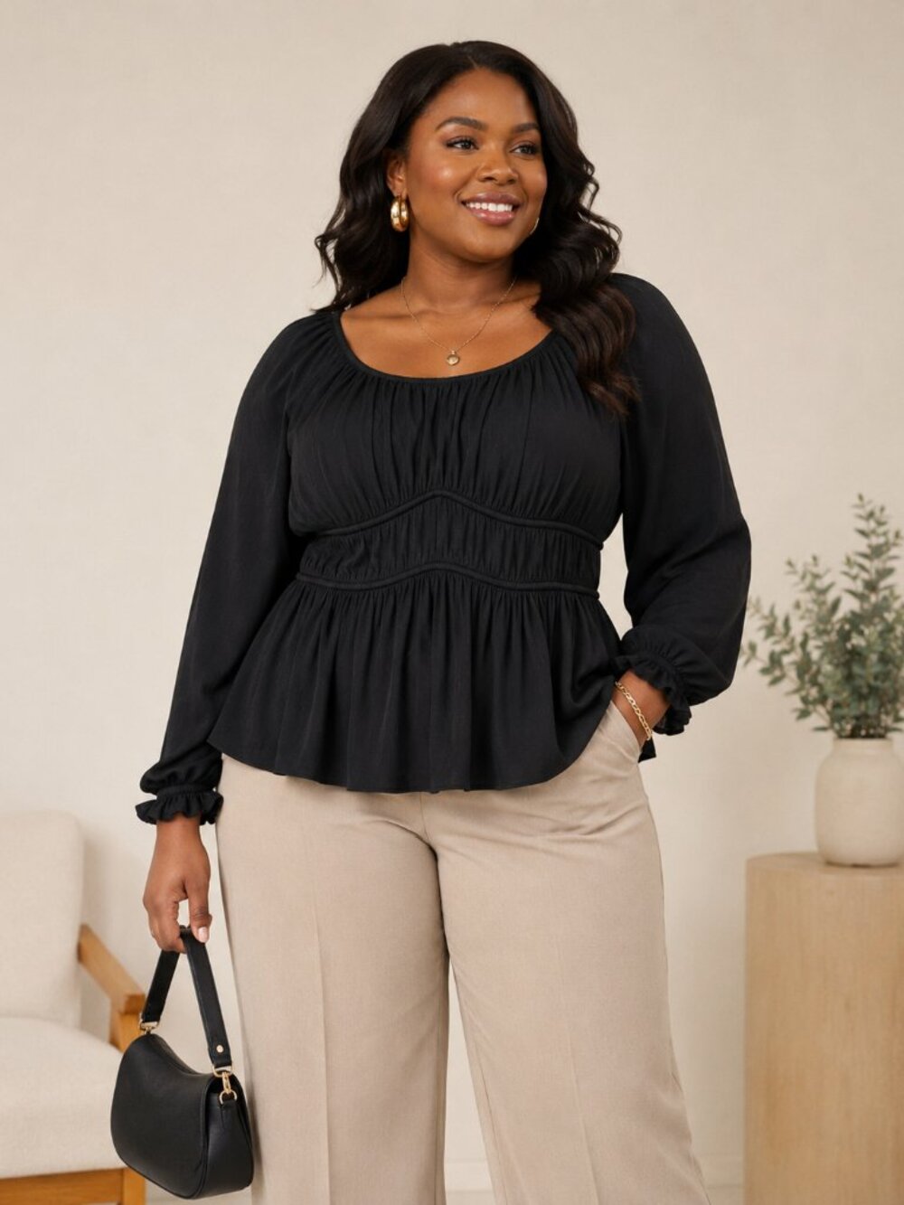 Nine West Black Peplum Blouse XXL Long Sleeve Boho Top